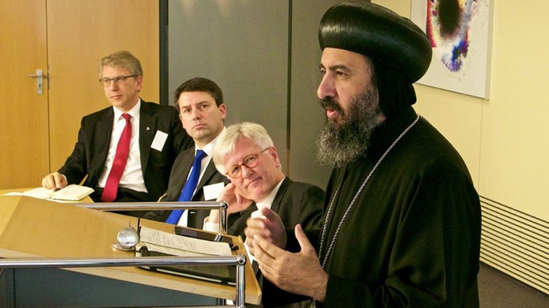 ÖRK-Generalsekretär Olaf Fykse Tveit, Kirchenbundspräsident Gottfried Locher, EKD-Ratsvorsitzender Heinrich Bedford-Strohm und der koptische Bischof Angaelos