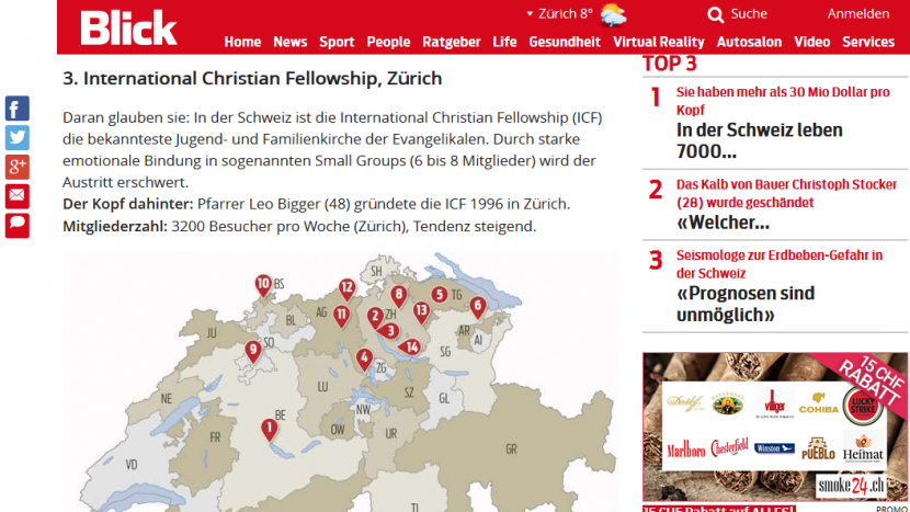 Ausschnitt aus dem Artikel von Blick.ch, in dem die Freikirche ICF als Gruppierung mit «sektenhaften Strukturen» bezeichnet wird.